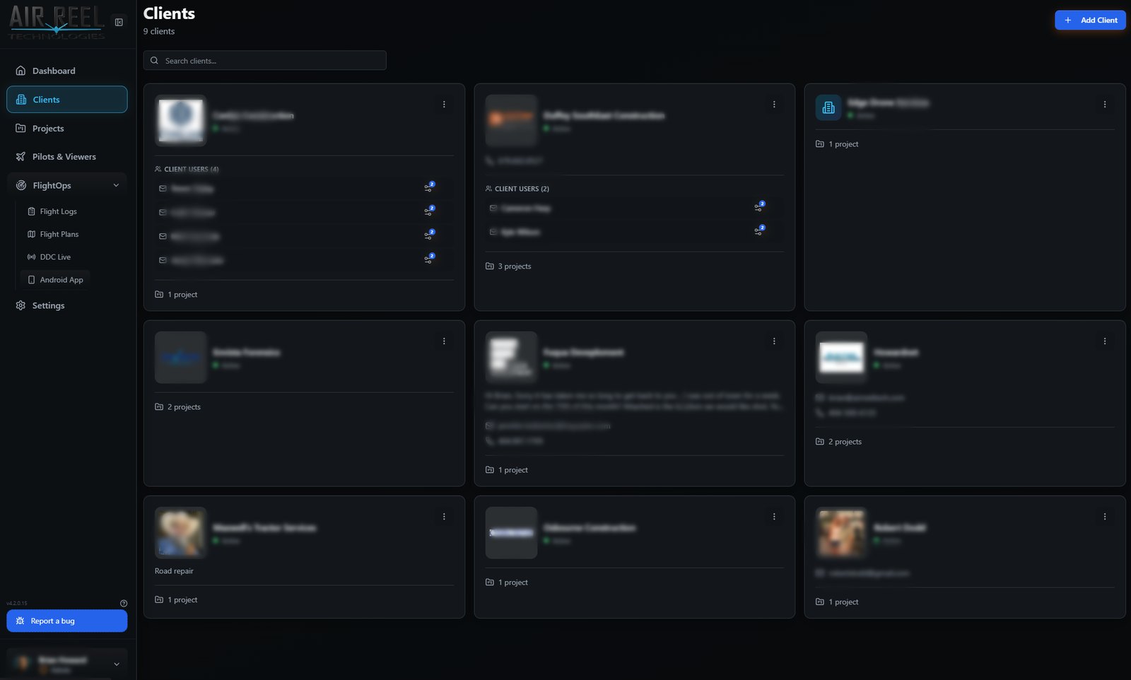 Clients page — organize the clients you fly for